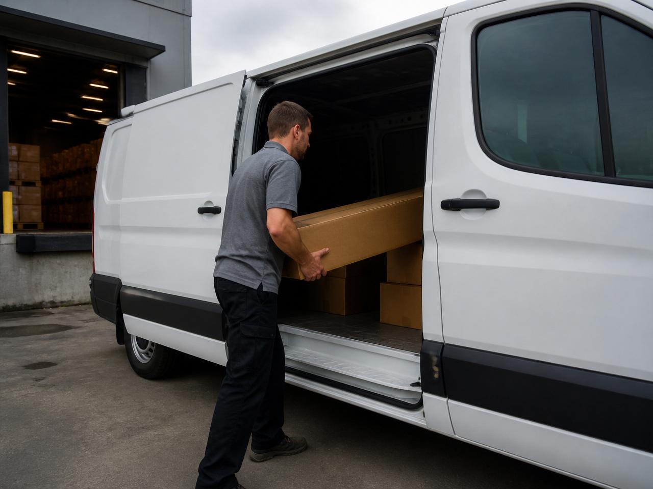 LMDS delivery van loading parts at a wholesale dealer dock